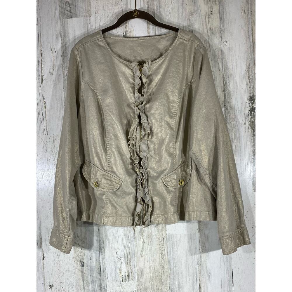 Lane Bryant Gold Zip Jacket Linen Blend Ruffle Front Lightweight Size 18